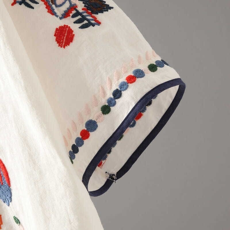 Luxury Embroidery Floral Tees Women Chinese Style Classic Loose Shirts Casual Vintage O Neck Short Sleeve Summer Blouse Tops