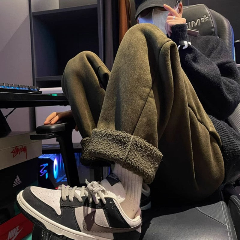 Women's Suede Thickened Straight Leg Pants Korean Style Wide Leg Autumn Winter New Student Fashion Casual Trousers