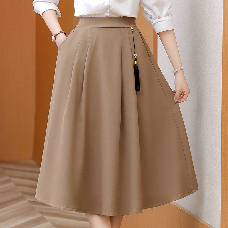 2024 New Solid Color Fringe Skirt Summer Classic Clothing Women's Loose Plus Size Skirt New Street Elegance Calf Belly Skirt