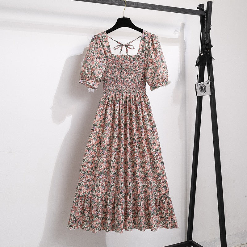 Summer Pleated Women Chiffon Dresses Casual Beach Holiday Short Sleeve Square Co