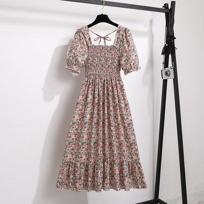 Summer Pleated Women Chiffon Dresses Casual Beach Holiday Short Sleeve Square Co