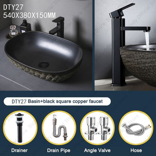Vintage Style Ceramic Washbasin Black Artistic Hotel Family Bathroom Sink Basins Large Oval Balcony Garden Outdoor Washing Basin