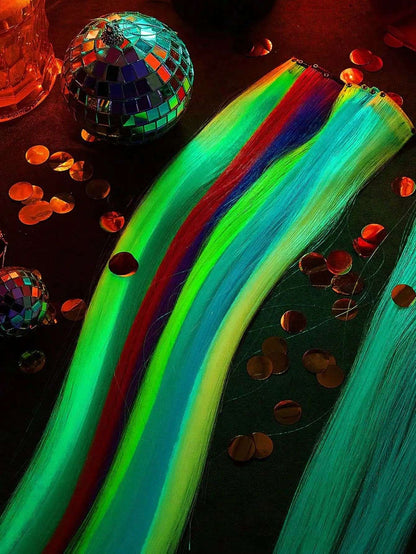 Extensões de Cabelo Presilha Luminosas Neon, 9 peças, para Festas, Festivais, Natal, que Brilham no Escuro, Acessórios de Cabelo Sintéticos para Mulheres