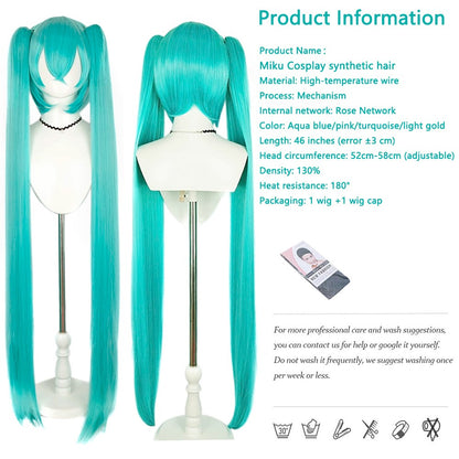 High-Quality Miku Anime Cosplay Synthetic Hair 46-Inch Detachable Double Ponytail Halloween Carnival Daily Party Wig Nature
