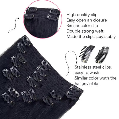 Apliques de Cabelo Lisos com Presilha em Extensões de Cabelo Preto Suave Apliques de Cabelo 16-28 Polegadas Apliques de Cabelo Grossos com Presilha