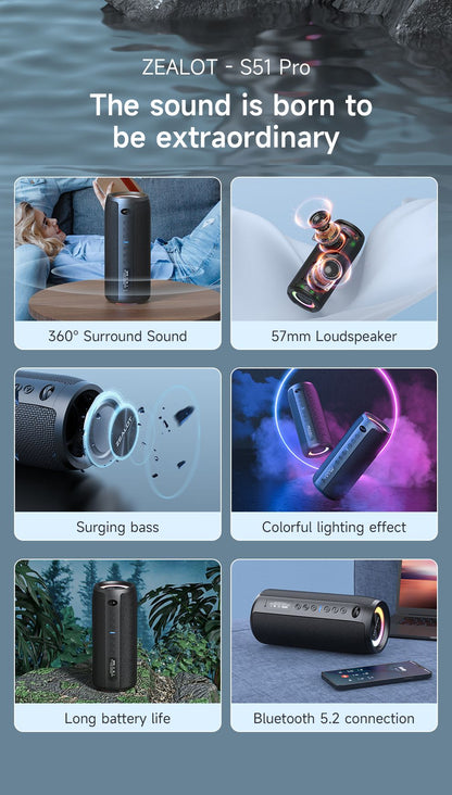 Zealot-S51Pro High-power Bluetooth Speaker 40W 3D Stereo Bass Bluetooth Speaker Portable IPX5 Waterproof Suitable TWS Boom Box