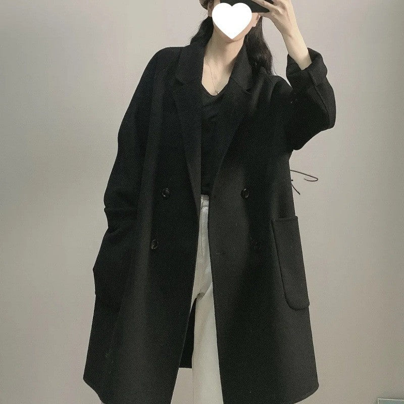 Plus Size Double-Sided Woolen Jacket Women's Midi Length Single-Breasted Loose Fit Fashionable Korean Style Suit Collar Macar...