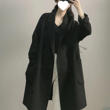 Plus Size Double-Sided Woolen Jacket Women's Midi Length Single-Breasted Loose Fit Fashionable Korean Style Suit Collar Macar...