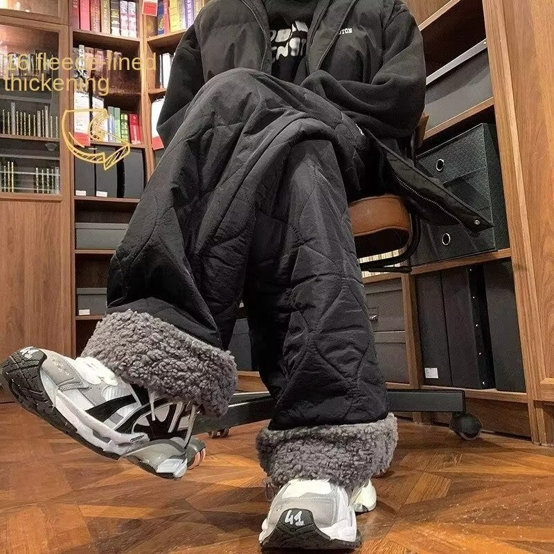 Heavy Winter Cotton Waterproof Splicing Lamb Fleece Cotton Pants for Men and Women, Solid Color Diamond Grid Embroidered Clip Co