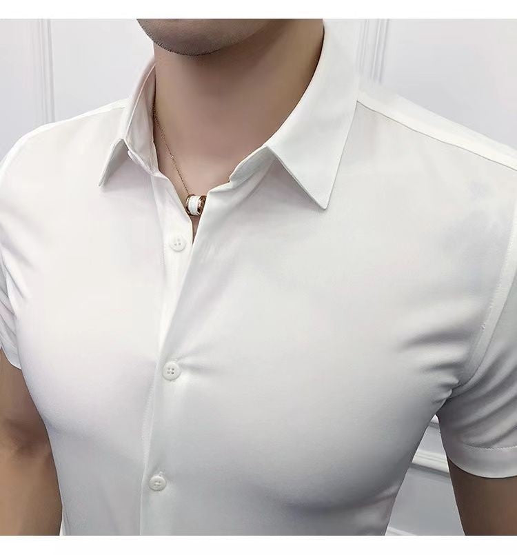 Korean Fashion Trend Casual Elastic Design Sense Short Sleeve Shirt Men's Solid Lapel Collar Button Breathable Simple Slim Tops