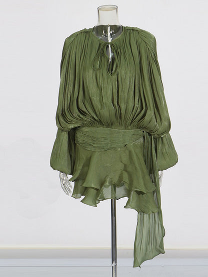 TWOTWINSTYLE Elegant Ruched Mini Dress For Women Round Neck Lantern Long Sleeve