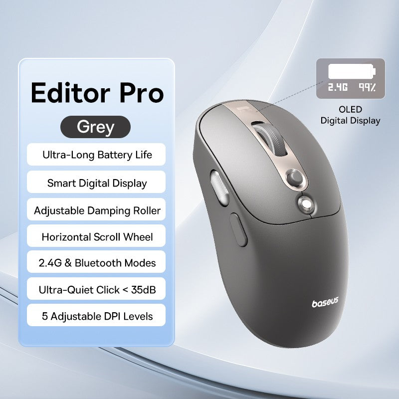 Mouse Sem Fio Baseus Editor Pro Bluetooth 5.1 Modo Duplo Bateria de Longa Duração Recarregável Ergonômico de Escritório com Display
