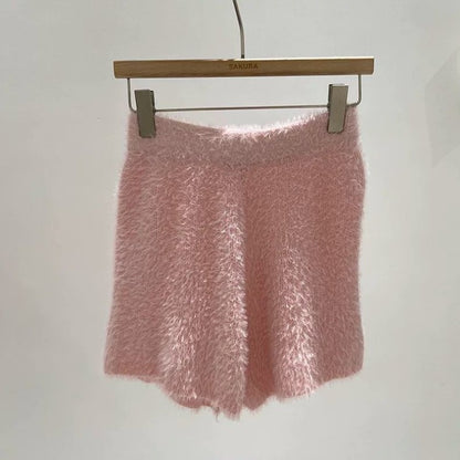 Women's Autumn Winter Faux Mink Hair Shorts Sweet Soft High Waist Slim Hairy Elasticity Shorts Fashion Knitting Homewear Shorts