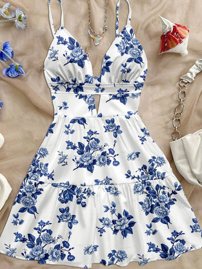 women's spring/summer new brand special sale beach tropical vacation outfits ethnic style blue flower print slim fit short dress