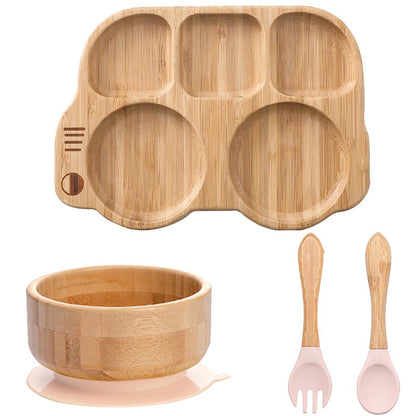 4pcs Bamboo Plate Sets Baby Feeding Bowl Wooden Kids Feeding Supplies Spoon Fork for Baby Tableware Suction Plate Bowl Cup