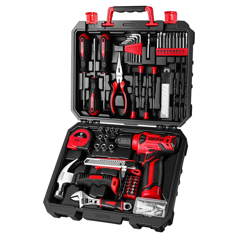 Kit de Ferramentas com Furadeira DEKO, Jogo de Ferramentas com Furadeira Sem Fio Vermelha 8V, Kits de Ferramentas Manuais para Mulheres 126 Peças