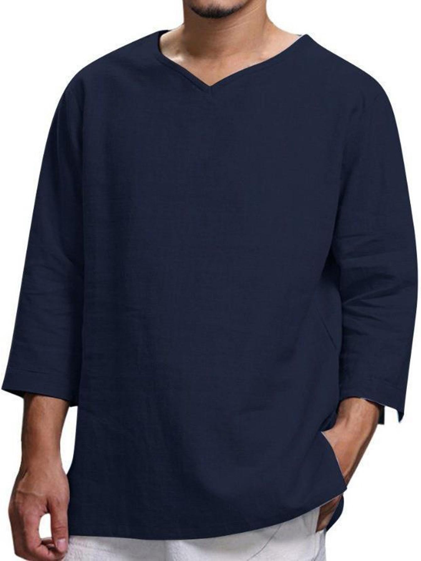 Men's Long Sleeve V-Neck Cotton Linen Loose Shirt