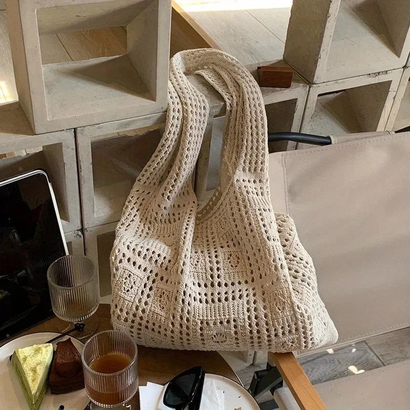 Knitted Shoulder Bag for Women's Leisure Commuting Hollowed Out Large Capacity Woven Handbag