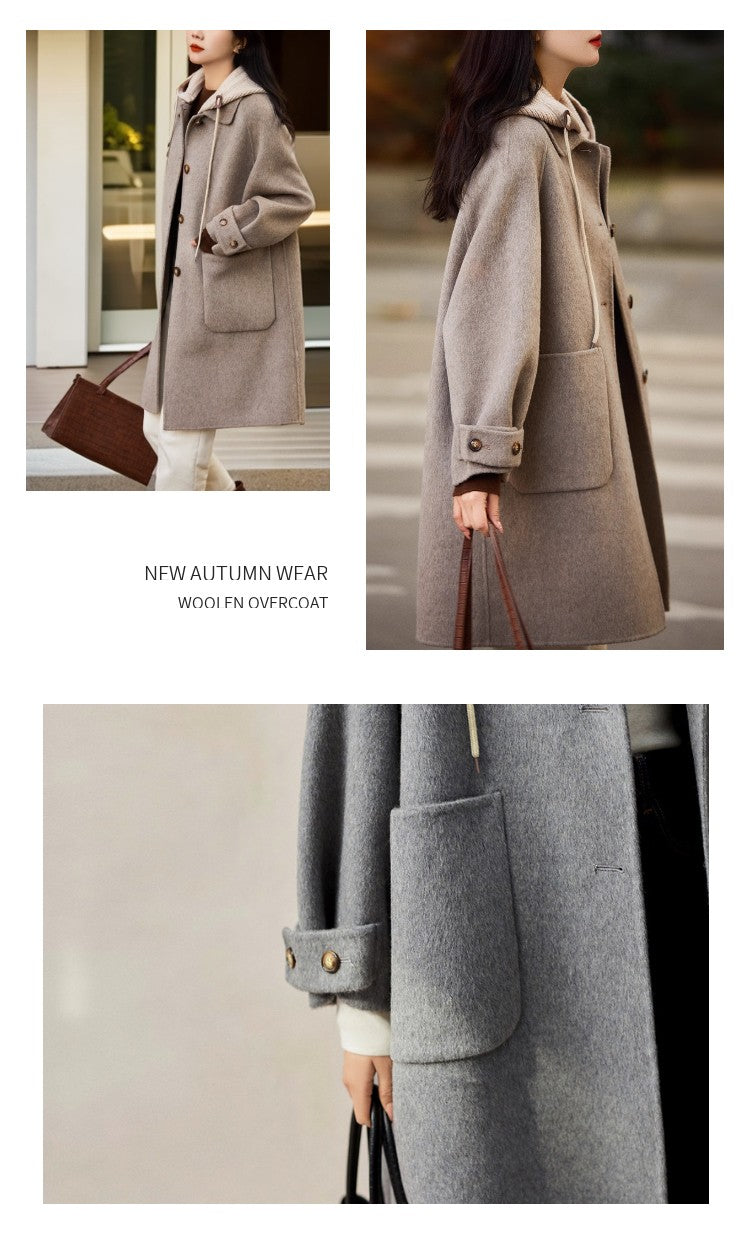New Women Double-sided Cashmere Coat Female Solid Long Hooded Single Breasted Warm Woolen Coats Loose Tide Autumn Winter