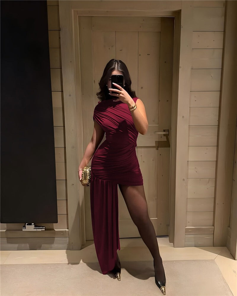 Balitops Summer Draped Ruched Sexy Mini Dress Women 2025 New Irregular High Wais