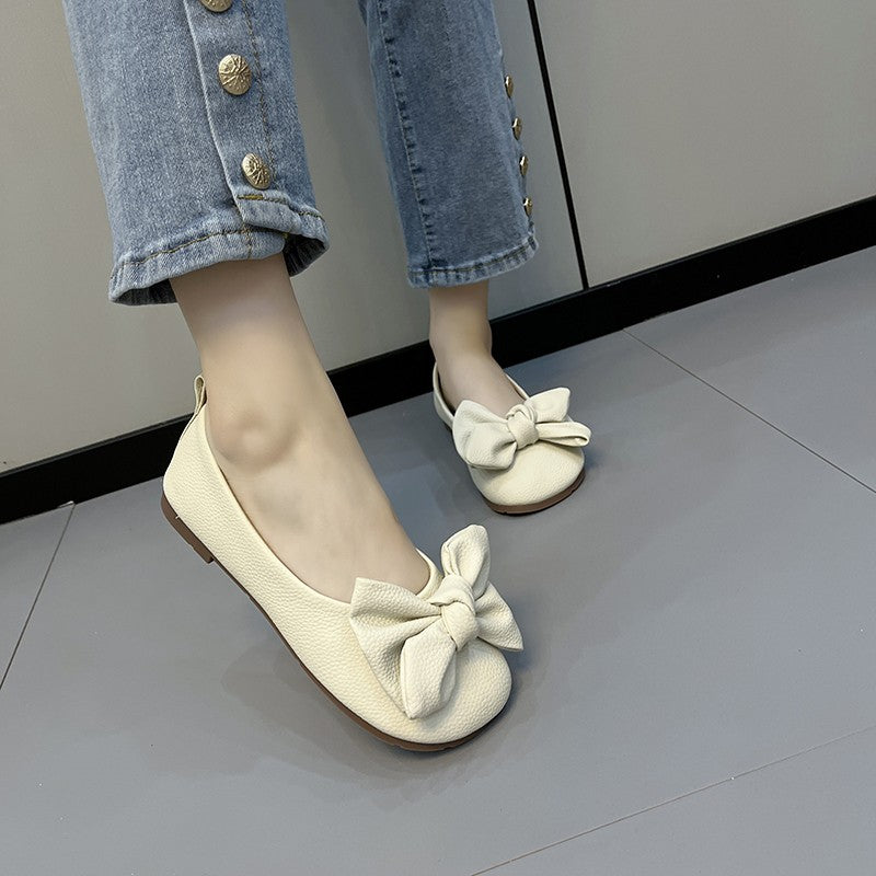 New Luxury Designer Shoes for Women Fashion Butterfly-knot Square Toe Party Leather Ballet Flats Ladies Flat Shoes Loafers Women
