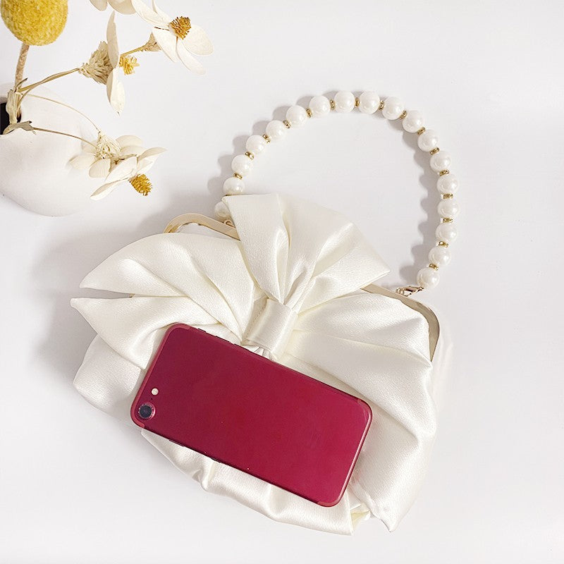 Fashion Bride Beige Women Satin Evening Banquet Clutch Bag Wedding Purse Party Bowknot Day Handbag Elegant Purse
