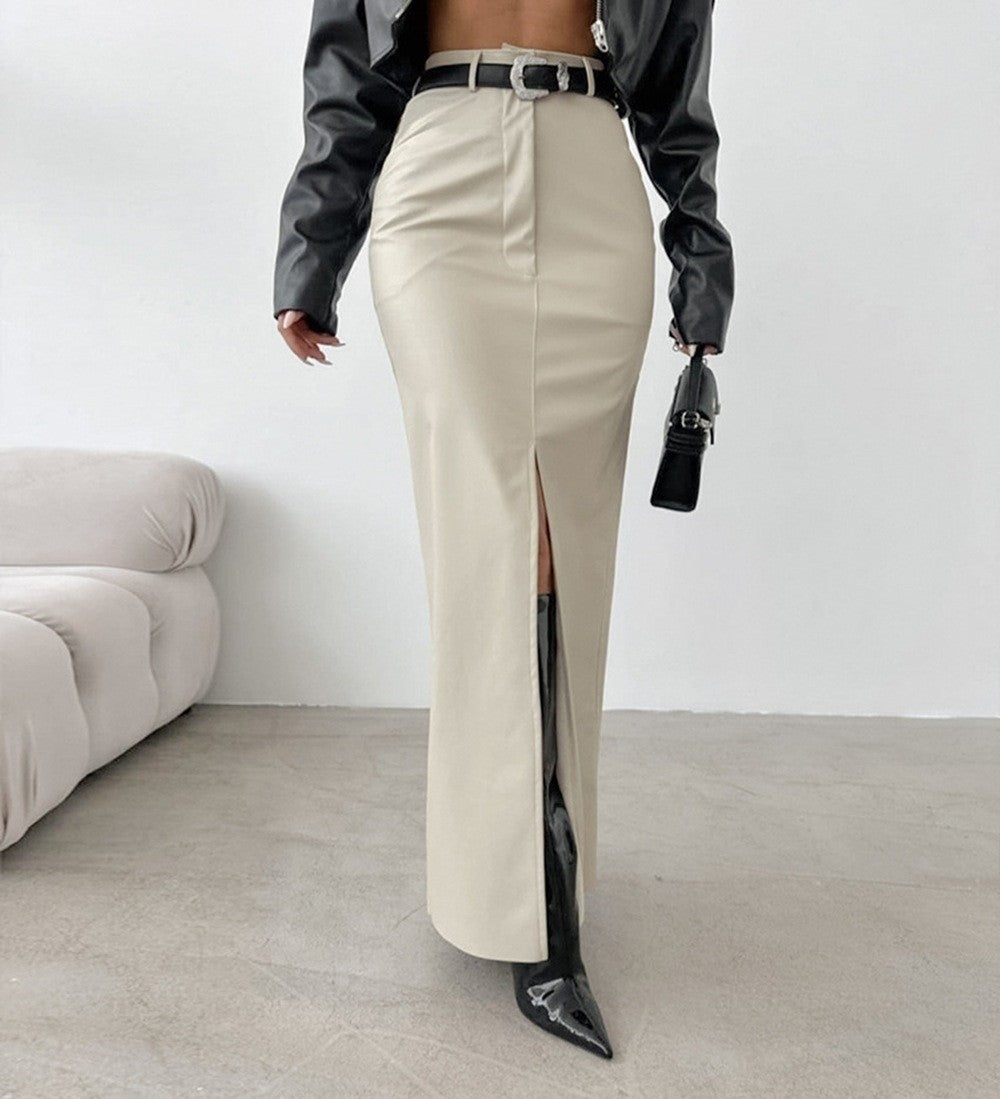 Women's Split Design Solid Color High Waist Pu Leather Skirt 2025 Spring Fall Office Lady Trendy Streetwear Long Skirts