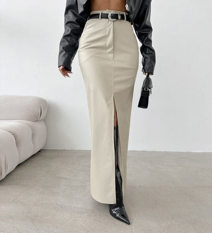 Women's Split Design Solid Color High Waist Pu Leather Skirt 2025 Spring Fall Office Lady Trendy Streetwear Long Skirts