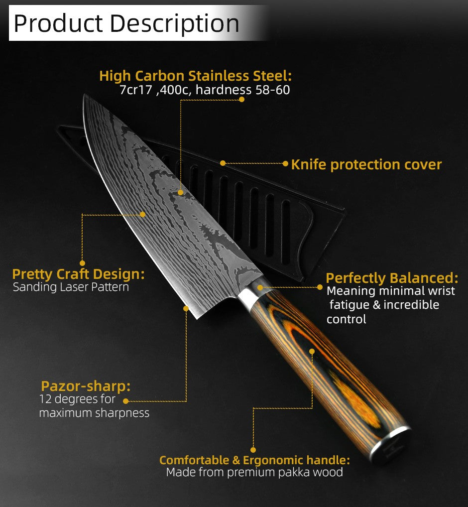 Conjunto de Facas de Cozinha 1-7PÇS Faca de Chef Japonesa Santoku 7CR17 Aço Inoxidável 440C Faca de Imitação de Damasco Cutelo de Carne Fatiador