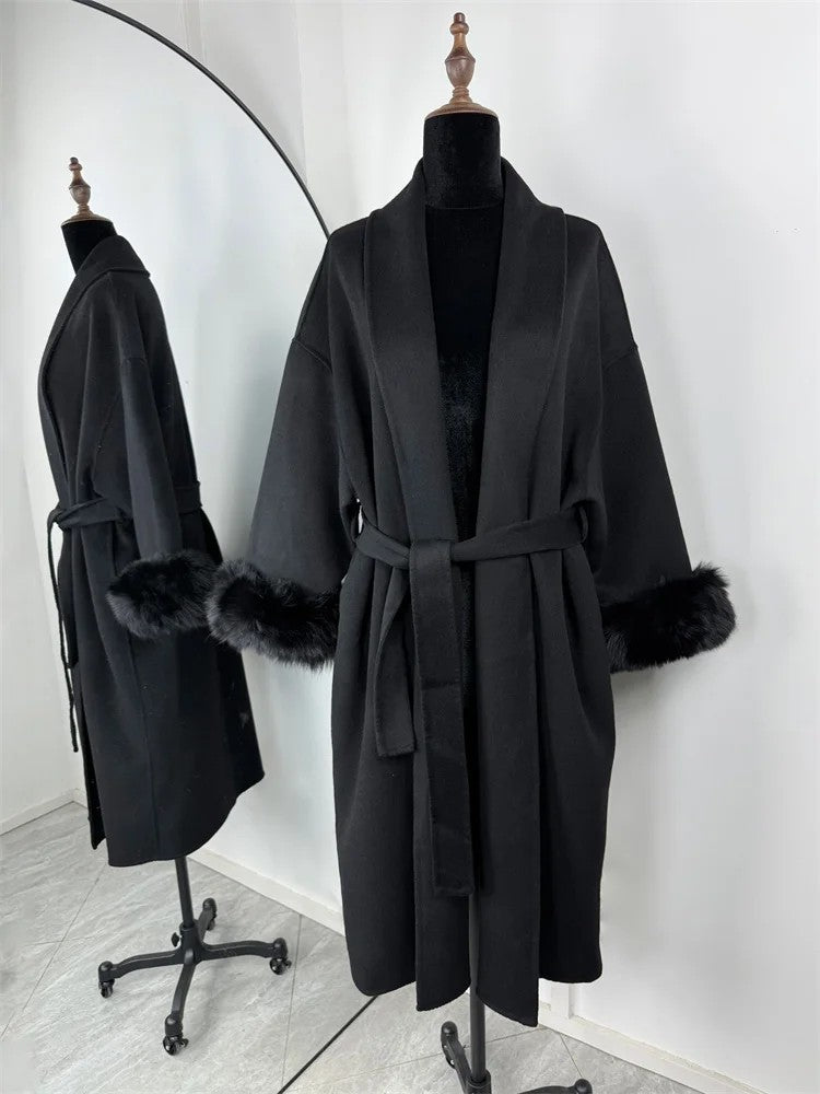 Casacos Curtos de Lã Elegantes com Cadarço Sólido Lapela Solta Cinto Peludo Manga Longa Jaqueta Feminina 2025 Outono Inverno Lady Chique Cardigãs