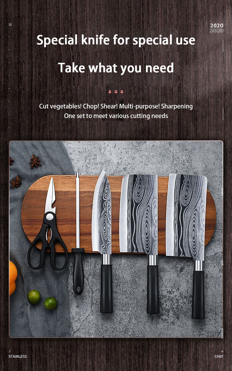Kitchen Knives Scissors Sharpening Rod Set Laser Damascus Pattern Utility Stainless Steel Sharp Slicing Chef knife Cooking Tool