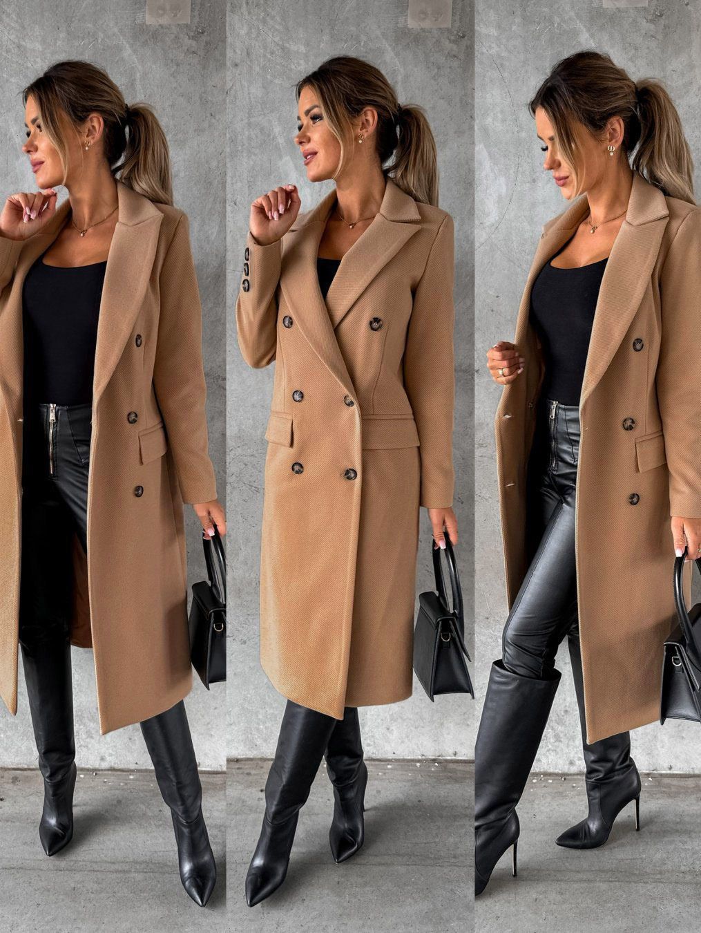 Autumn and Winter Women's Clothing Long-sleeved Lapel Solid Color Double-breasted Slim-fit Coat