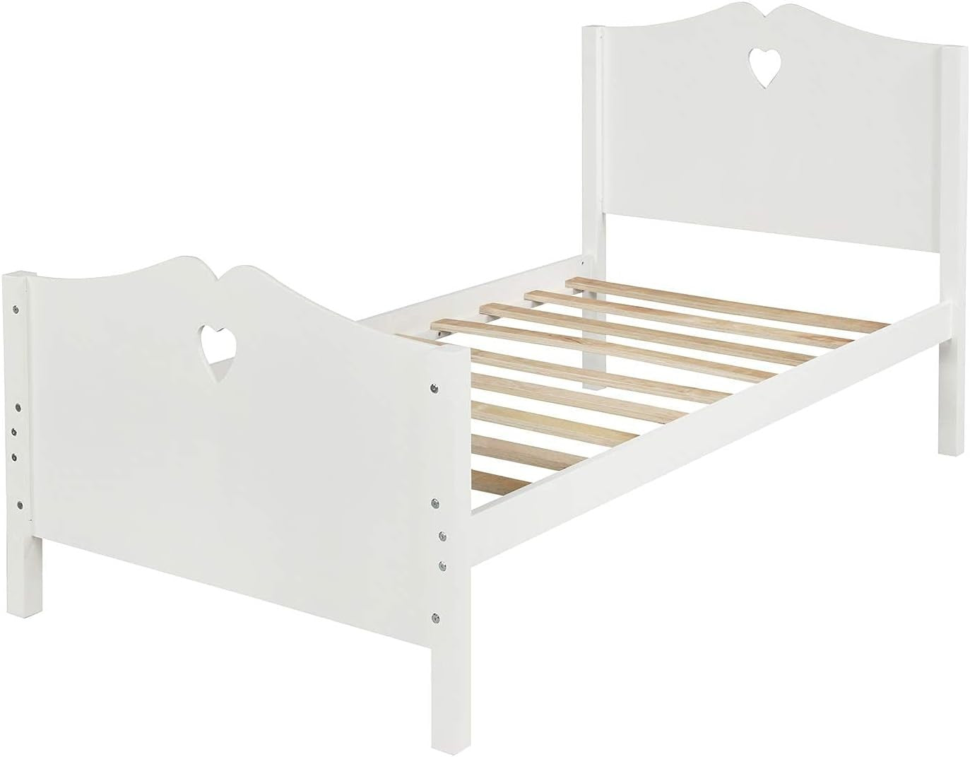 Estrutura de Cama de Solteiro de Madeira Maciça para Meninas, Estrutura de Cama Plataforma Princesa de Solteiro Branca, com Cabeceira/Peseira/Suporte de Sarrafos de Madeira, Não