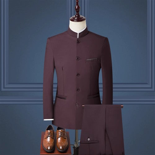 (Jacket+Pants) Men Fashion Simple Wedding Suit Black / Blue / Wine Red 2025 Homme Stand up Collar Business Social Dress 2Piece