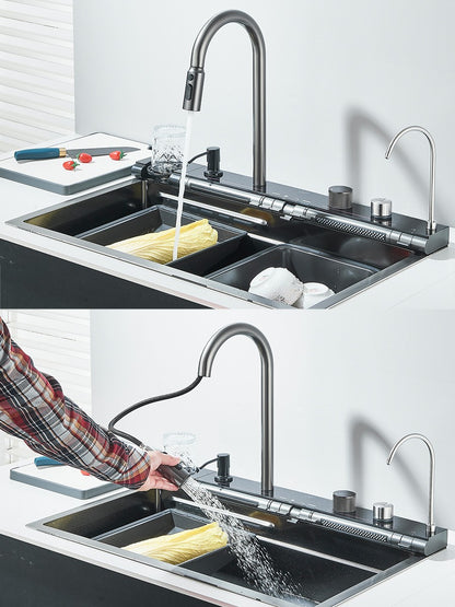 304 Stainless Steel Kitchen Sink Double Waterfall Single Slot Integrated Digital Display Faucet Set Soap dispenser Cup Washer