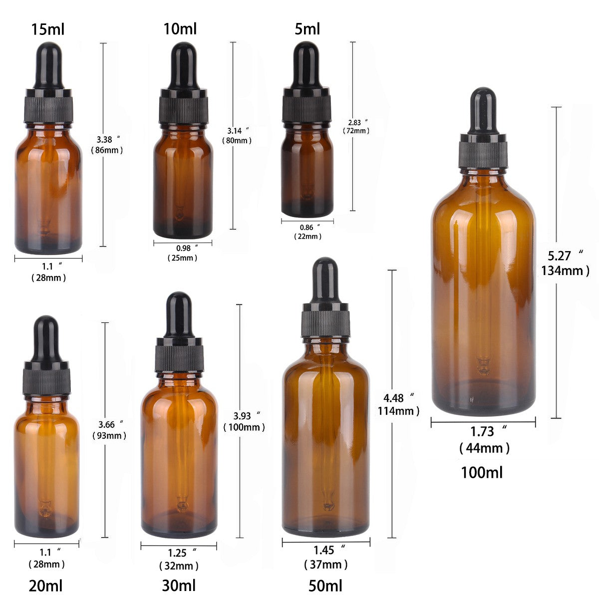 6/12/24pcs 5ml 10ml 15ml 20ml 30ml 50ml 100ml Amber Glass Dropper Bottles with Glass Pipette for Cosmetic Perfume Essential Oils