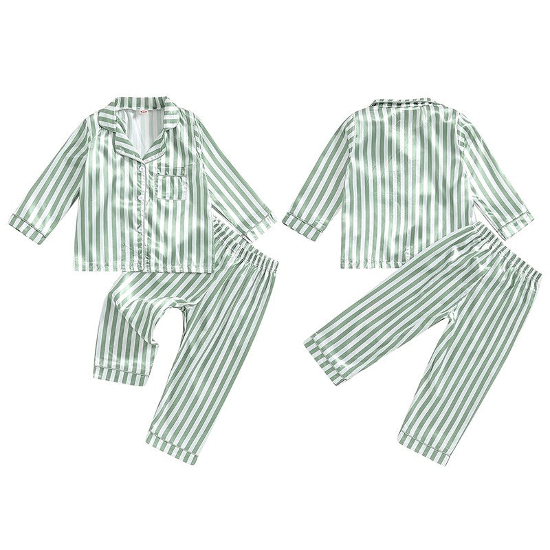 Kid Girls Boys Fall Pajamas Set Stripe Print Long Sleeve Shirts Tops Long Pants Satin 2 Pieces Lounge Suit Sleepwear