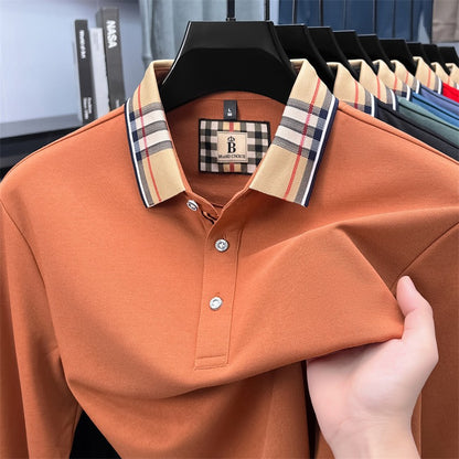 Luxury brand long sleeve polo shirt men comfortable casual autumn item silk cotton high-end Korean fashion plaid lapel T-shirt