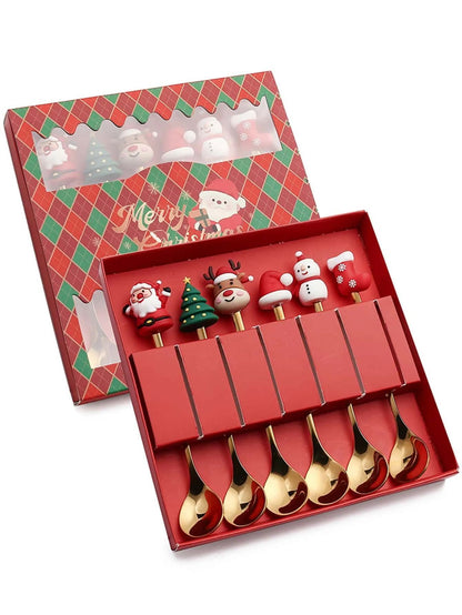 Conjunto de Talheres com Tema Natalino Aço Inoxidável Faca Garfo Colher com Desenho Animado Criativo Conjunto de 2/4/6 Peças Presente de Fim de Ano Decoração de Talheres