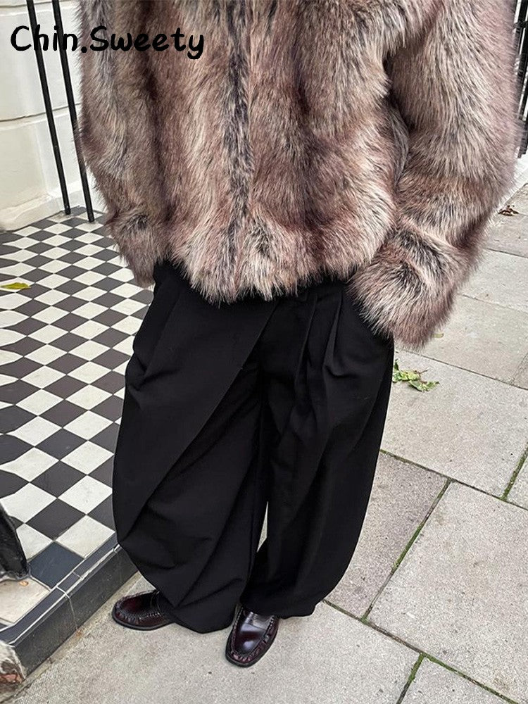 Warm Women's Hooded Faux Fur Cropped Coats Loose V-neck Full Sleeve Thicken Jacket Female 2025 Autumn Winter Lady Luxury Outwear