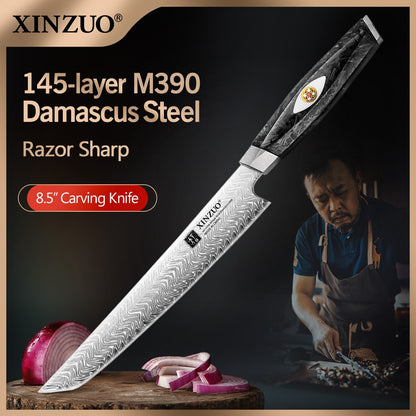XINZUO 8.46-inch Damascus Carving Knife 145-layer M390 steel 60-62HRC carbon fiber handle 6.0-8.0N sharpness rust-resistant