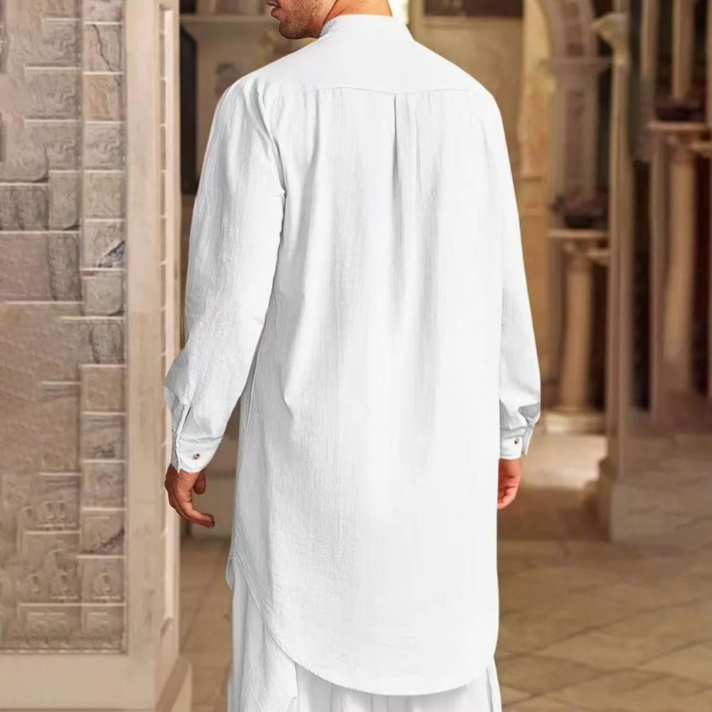 Men's Cotton Linen Kaftan Robe – Long Sleeve Button-Up Thobe for Prayer, Casual & Arabic Style | Breathable & Comfortable