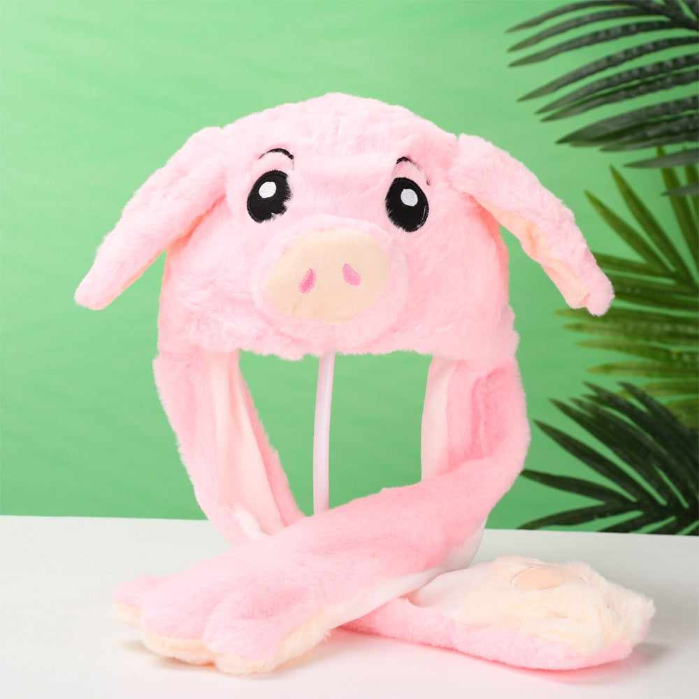 Women Girls Soft Warm Moving Jumping Rabbit Pinch Airbag Animals Ear Hat Funny Cap Plush