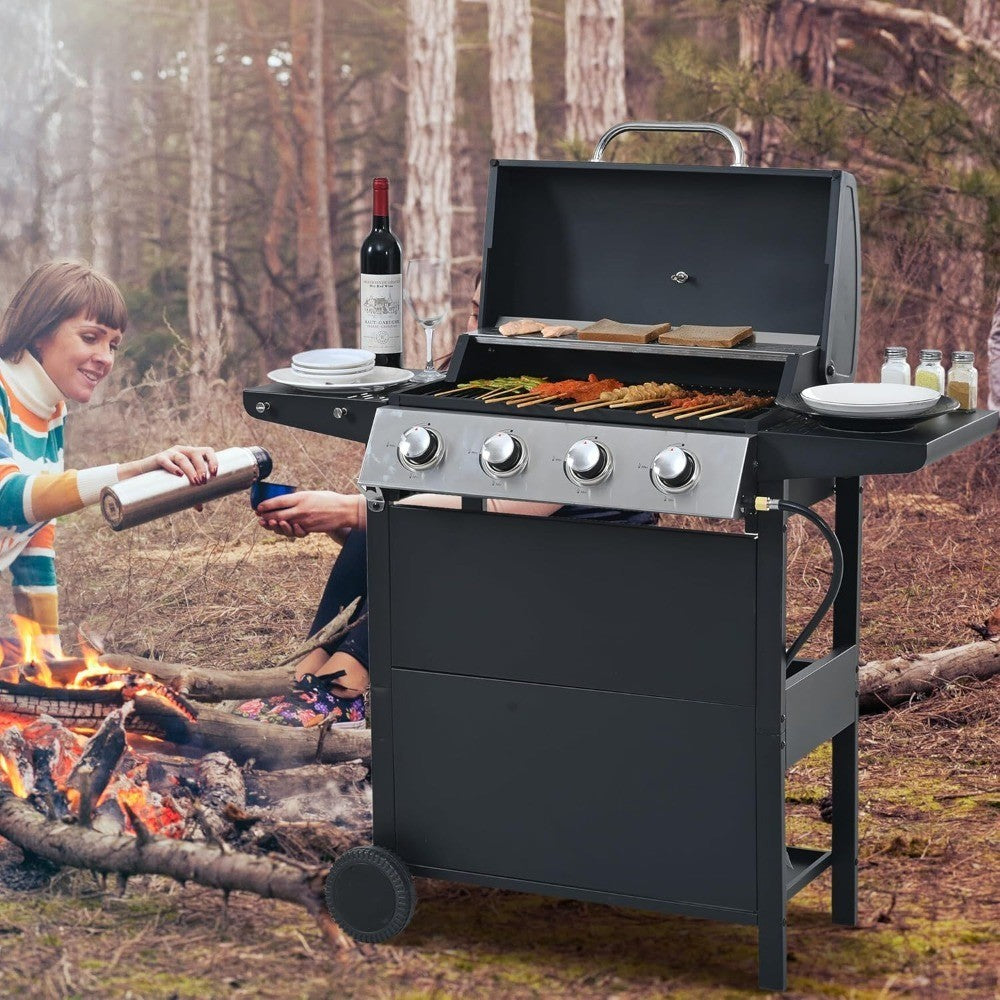 4 Burner BBQ Propane Gas Grill, Free Standing Grill Cart with Wheels, Stainless Steel Heavy Duty Cabinet Style, Outdoor Grill