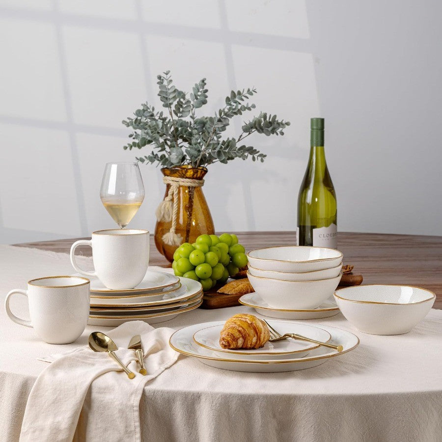 Handmade Stoneware Ceramic Dinnerware Set with Reactive Glaze for Dining Room Use Scratch Resistant Plates and Bowls Set Suitab