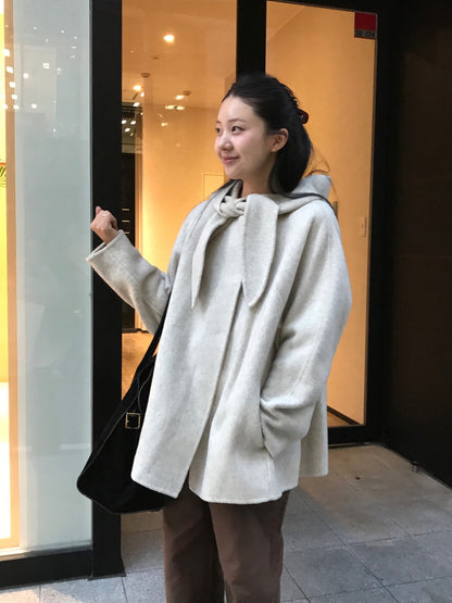 Korean Sle Woolen Coat Women's Chic Temperament Sweet Bow Tie Collar Hooded Warm Woolen Coat Long Sve Mid-Length