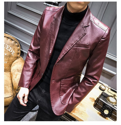New Spring Men Slim Leather Blazers Jackets PU Leather Suits Coats Good Quality Male Business Casual Fit Suits Jackets Size 6XL