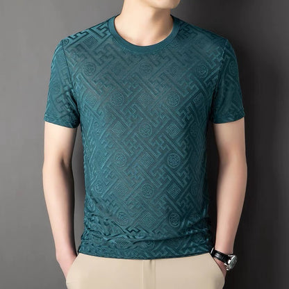 2024 Summer Ice Silk Men's Jacquard Short Sleeve T-shirt High end Brand Fashion Jacquard Cool Breathable Casual Round Neck Top