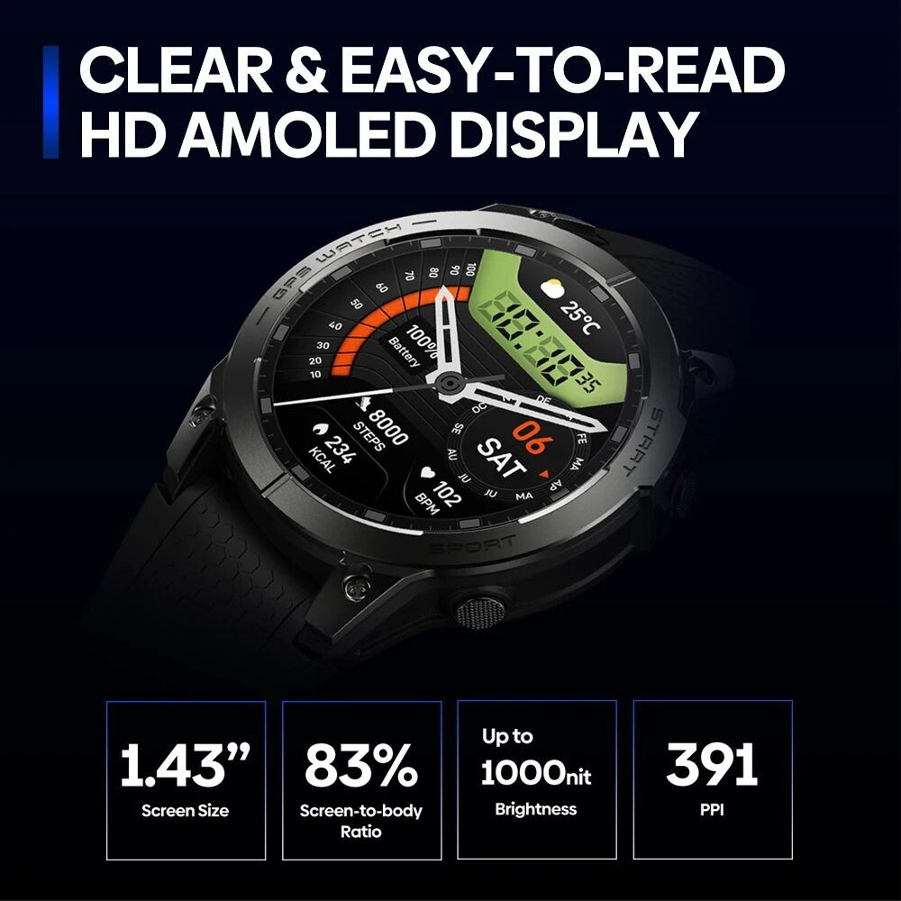 Novo Smartwatch GPS Zeblaze Stratos 3 PRO com Tela AMOLED HD de 1,43”, GPS Integrado, Chamadas Telefônicas Bluetooth, Smartwatch Esportivo para Homens