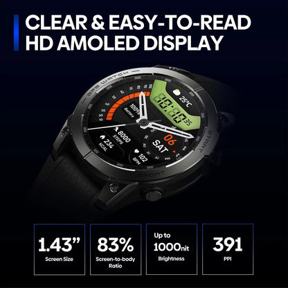 Novo Smartwatch GPS Zeblaze Stratos 3 PRO com Tela AMOLED HD de 1,43”, GPS Integrado, Chamadas Telefônicas Bluetooth, Smartwatch Esportivo para Homens